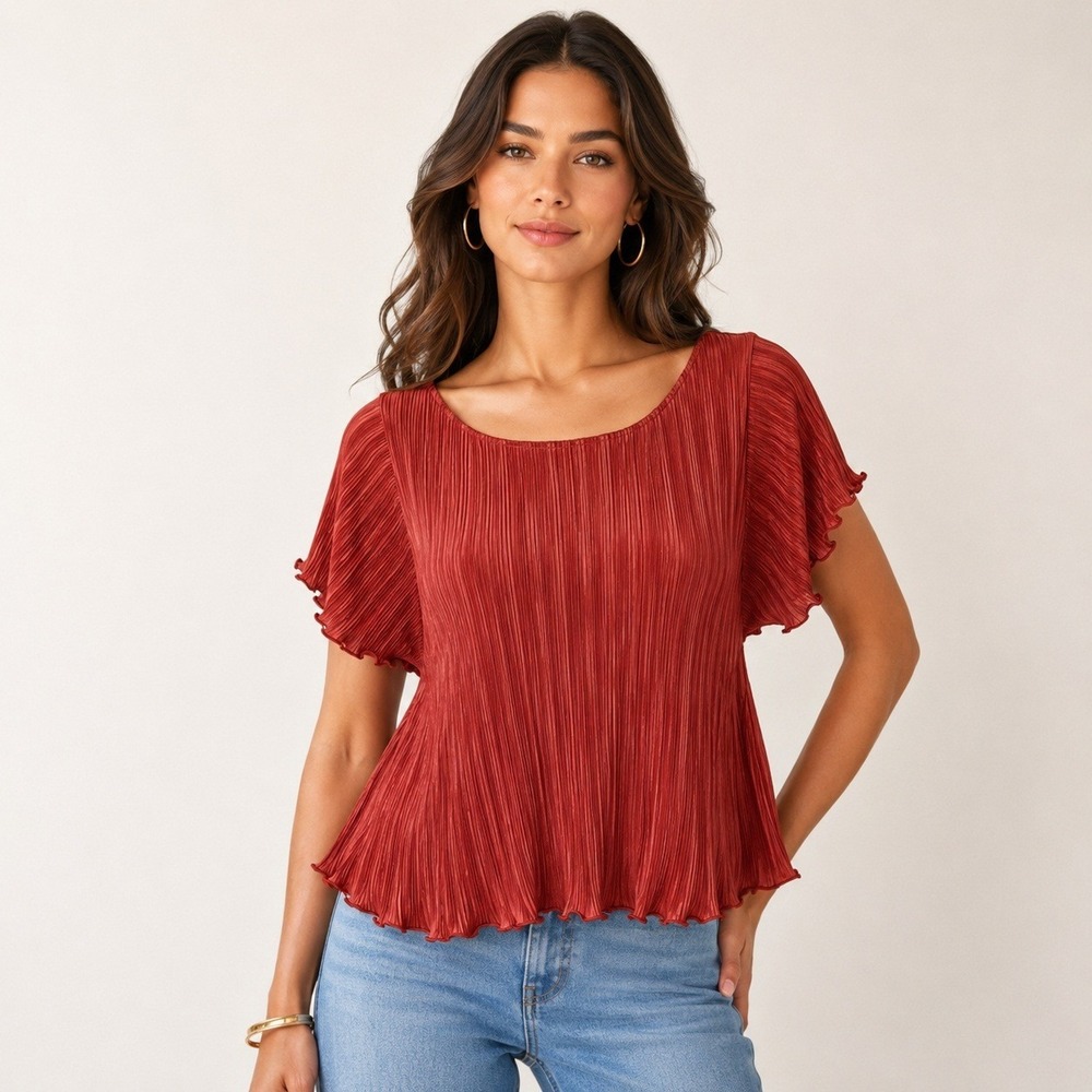 Madewell XS Rust Orange Micro‎ Pleated Blouse Flutter Sleeve Oversized Boho Top